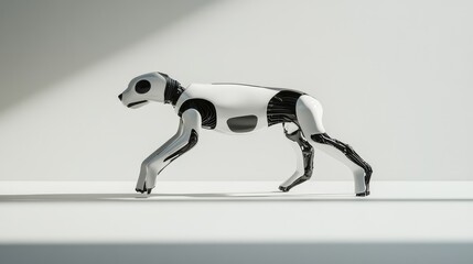 Poster - Robot dog in a dynamic running pose, captured mid-motion on a clean white surface with subtle shadows.
