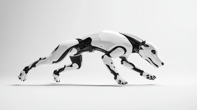 Robot dog in a dynamic running pose, captured mid-motion on a clean white surface with subtle shadows.