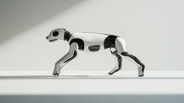 Robot dog in a dynamic running pose, captured mid-motion on a clean white surface with subtle shadows.