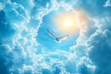 A beautiful dove gracefully glides through bright blue skies as sunlight bursts through fluffy clouds, representing peace, freedom, and the beauty of nature's palette.