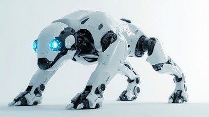 Poster - Robot dog with glowing LED eyes and a high-tech finish, standing in a minimalist room with a white backdrop.
