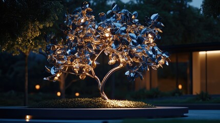 Poster - Robot tree in a futuristic garden, with metallic leaves swaying in the wind, illuminated by soft artificial light at dusk.