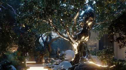 Poster - Robot tree in a futuristic garden, with metallic leaves swaying in the wind, illuminated by soft artificial light at dusk.