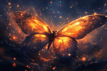 Aufkleber - An enchanting butterfly illuminated by starlight, hovering against a backdrop of a mystical cosmic environment filled with shimmering particles and deep colors.