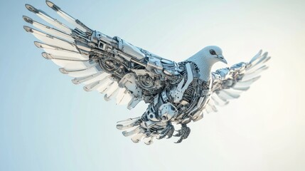 Poster - Robotic pigeon in motion, its metallic wings and detailed components shown in dynamic flight against a bright, clear sky.