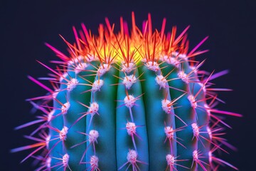 Poster - An intricate close-up view of a vibrant cactus with glowing neon spikes radiating in various colors, highlighting its unique texture and artistic design.