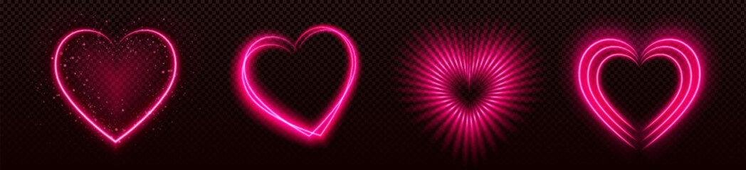 Poster - neon pink heart shapes collection with various glowing effects - sparkling star dust, luminous outli