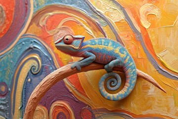 Poster - A vibrant chameleon perched on a twisted branch against an artistic, multicolored background, exemplifying creativity and the beauty of nature's designs.