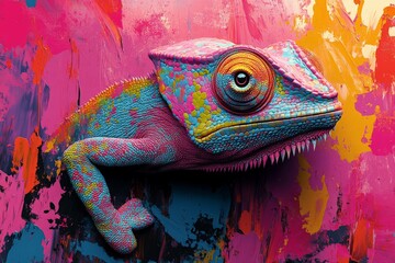 Poster - A striking close-up of a colorful chameleon against a bright, abstract canvas, representing the fusion of nature and artistic expression in a bold and beautiful way.