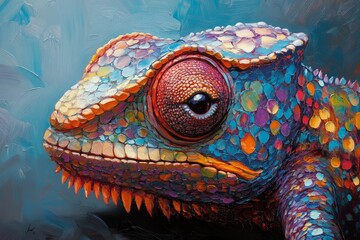 Poster - An intricate close-up of a chameleon's textured skin, showcasing vibrant colors and patterns, highlighting the beauty of nature's artistry and the chameleon's unique features.