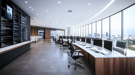 Poster - Cybersecurity operations center urban corporate office interior design modern workspace panoramic view high-tech environment