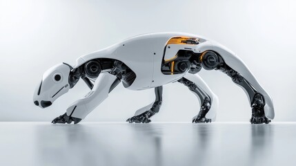 Poster - Side view of a robot dog walking on a smooth, reflective surface, its advanced robotic features highlighted by clean lighting.