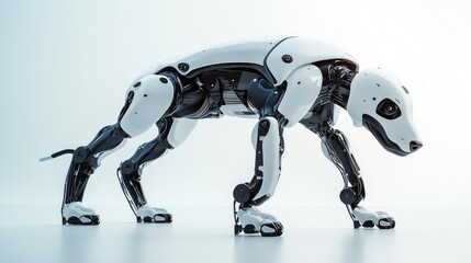 Poster - Side view of a robot dog walking on a smooth, reflective surface, its advanced robotic features highlighted by clean lighting.