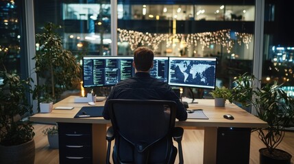 Poster - Cybersecurity strategy emphasizing user experience office environment digital workspace nighttime view innovative technology solutions