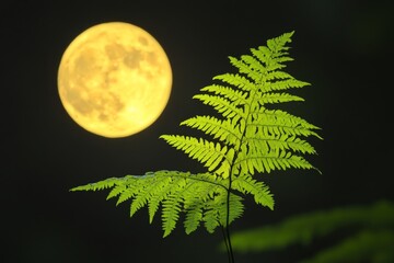 Poster - This captivating image features a vibrant fern leaf silhouetted against a luminous full moon, creating a serene and tranquil atmosphere filled with nature’s allure.