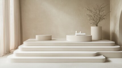 Aufkleber - Tiered performance platform in pure white, set against a seamless pastel-toned background, exuding simplicity and elegance.