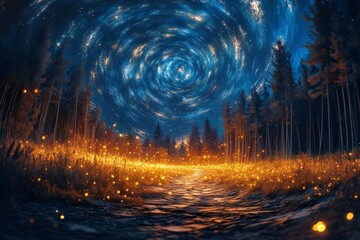 Poster - A captivating trail illuminated by glowing fireflies merges with the beauty of trees, all under a backdrop of a mesmerizing starry sky that inspires curiosity and reflection.