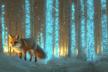 Poster - This illuminated fox glimpses through a fantastically lit forest, creating an ethereal atmosphere that beautifully portrays the mystique of nature and the wild at dusk.