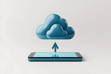 Wall Mural - 3D render of a simple, minimalistic blue cloud icon with up and down arrows on a smartphone screen, against a white background 