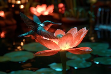Poster - A stunning hummingbird beautifully interacts with a glowing pink lotus flower, creating an exquisite and dreamlike atmosphere filled with light and natural beauty.