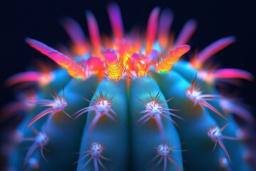 Poster - This captivating close-up features a vibrant cactus showcasing an array of colorful spikes, creating a striking contrast against a dark background. It's a true visual delight.