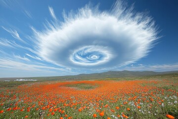 An extraordinary scene featuring a swirling cloud formation above a vibrant field of wildflowers, creating a surreal and dreamlike atmosphere that captivates the imagination.