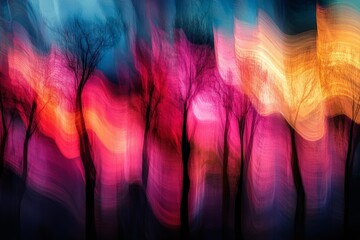 Poster - This artwork features abstract trees silhouetted against a vivid, colorful backdrop, creating an emotive and dynamic visual experience full of life and energy.