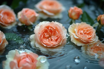 Poster - A collection of fresh pink roses gracefully float on the surface of serene water, showcasing their delicate beauty enhanced by droplets in a tranquil, peaceful setting.