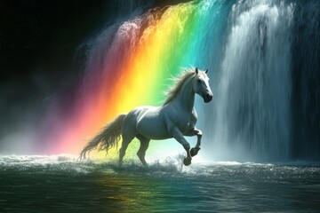 Poster - A stunning white unicorn gallops joyfully through the mist and shimmering waters under a vibrant rainbow cascading from the majestic waterfall behind it.