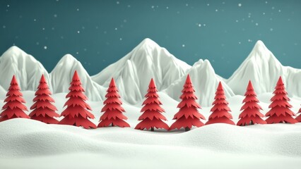 Wall Mural - winter landscape with red trees and snowy mountains in background
