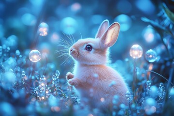 Poster - In a stunning blue-hued environment, a rabbit stands amidst luminous orbs, embodying the blend of reality and fantasy in nature's whimsical scene.