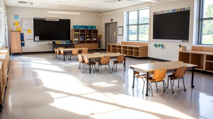Poster - Innovative classroom design featuring flipped learning educational space interior design modern environment wide-angle view engaging concept for better learning outcomes