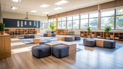 Poster - Innovative classroom design showcasing flipped learning approach modern educational space interior design bright environment wide-angle view engaging concept