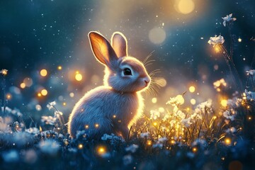 Aufkleber - A fluffy rabbit sits peacefully among glowing fireflies in a twilight scene, highlighting the beauty of nature and the calmness that twilight brings in a forest setting.