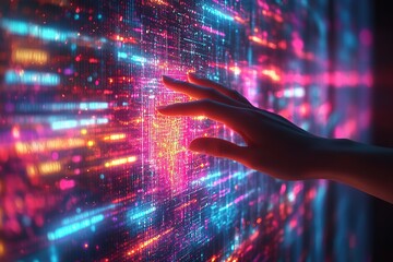 Poster - A dynamic abstract technology background depicts a hand touching a screen, with a multitude of digital elements emanating from screen, symbolizing interconnections and complexity of Internet, Hd image