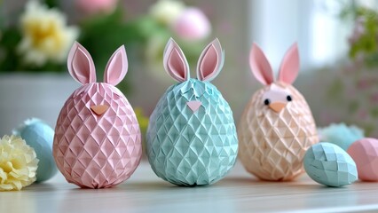 Colorful decorative eggs with bunny ears for spring celebration