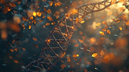 Glowing DNA Strand Amidst Falling Autumn Leaves