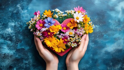 Wall Mural - Hands holding a heart shaped arrangement of colorful flowers