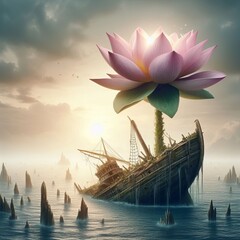 Wall Mural - Lotus with a Sunken Ship A lotus growing from the remains of a s