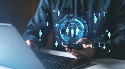 Fototapete - Digital illustration of social network communication concept with icons on a futuristic interface in a professional setting.