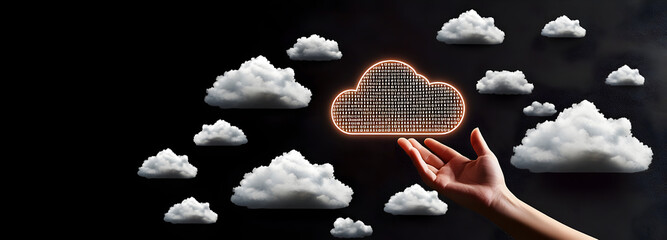 Wall Mural - A hand reaching out to touch an illuminated cloud icon, surrounded by smaller clouds on a black background with futuristic and high-tech elements 