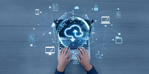 Poster - cloud storage concept with global file sharing on digital devices.
