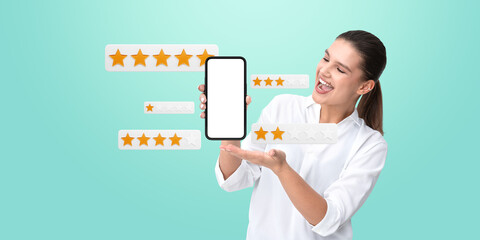 Poster - Woman presenting smartphone with blank screen and star ratings o