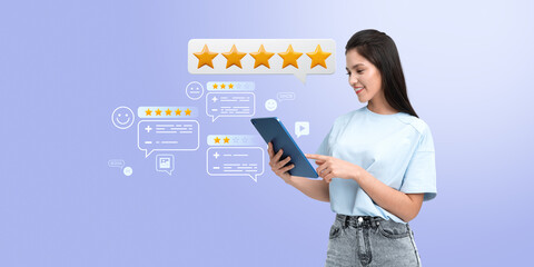 Poster - Smiling woman leaving a five-star online review on a tablet agai