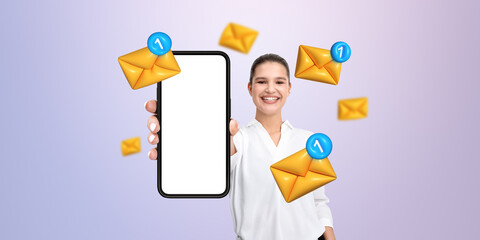 Poster - Woman holding smartphone with blank screen surrounded by incomin