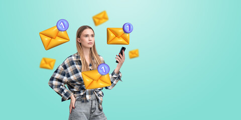 Poster - Woman holding smartphone surrounded by floating email icons on a