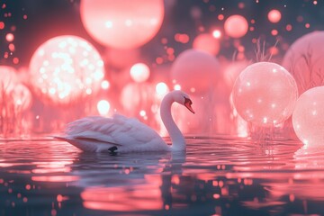 Aufkleber - A whimsical scene featuring a swan swimming serenely amidst glowing bubbles, creating a fantastical and dreamlike atmosphere that captivates the imagination.