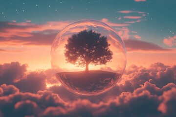 Poster - A floating bubble encapsulates a tree situated above clouds at sunset, evoking dreams of fantasy and beauty in a surreal, ethereal environment.