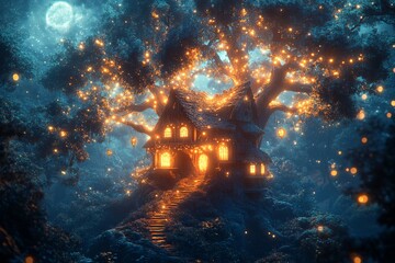 Poster - This mesmerizing image depicts an ethereal treehouse aglow with golden luminescence amidst a moonlit forest, symbolizing dreams, hope, and the magic found in nature.