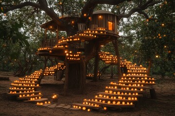 Poster - A magical treehouse adorned with glowing lanterns, set amongst lush greenery, creating a warm and inviting atmosphere that captures the essence of adventure and imagination.